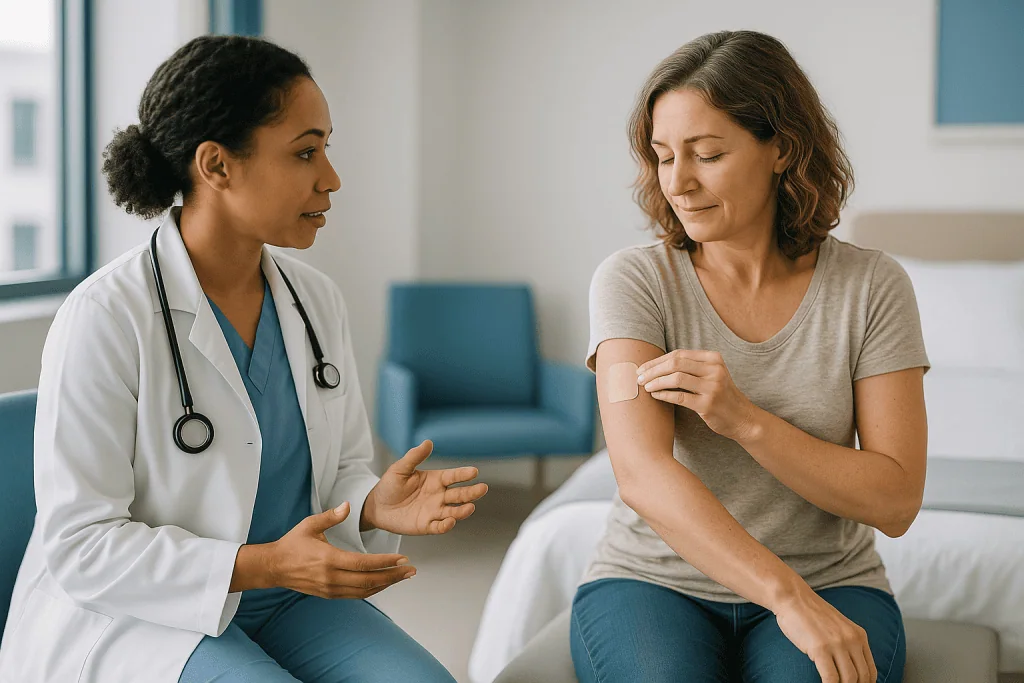Female doctor consulting middle-aged woman patient about skin concern — HRT patches: steady delivery through the skin