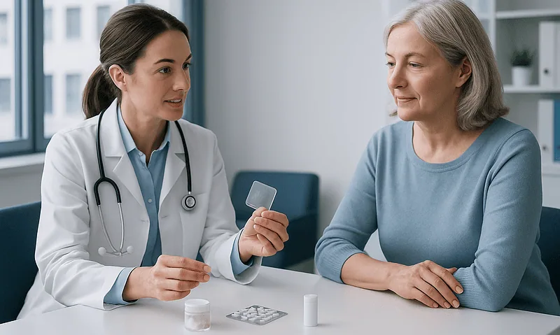 Doctor explaining HRT options to a patient in a clinic setting.