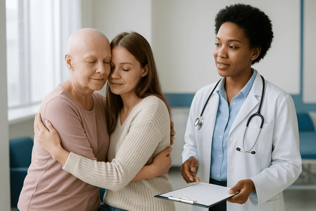 Doctor consulting with patient and companion in clinical setting: Hugging after radiation therapy: partners, children, pregn