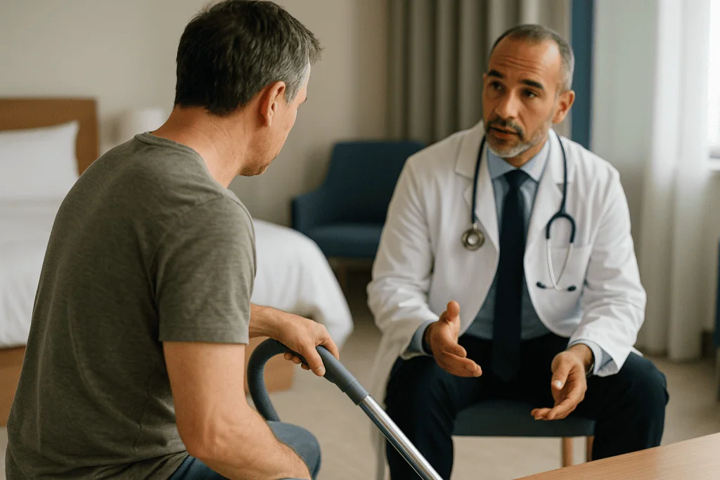 Doctor consulting with male patient in clinical setting: Humidity, heat and the rest of the house: dust mites beyond the bed