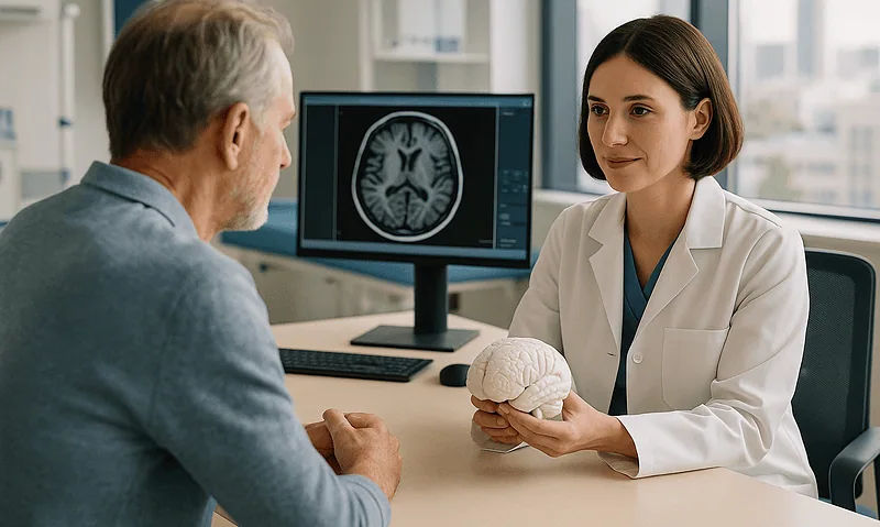 Doctor explains brain scan to patient in a medical consultation.