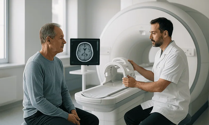 Doctor explaining MRI scan results to patient in a medical facility.