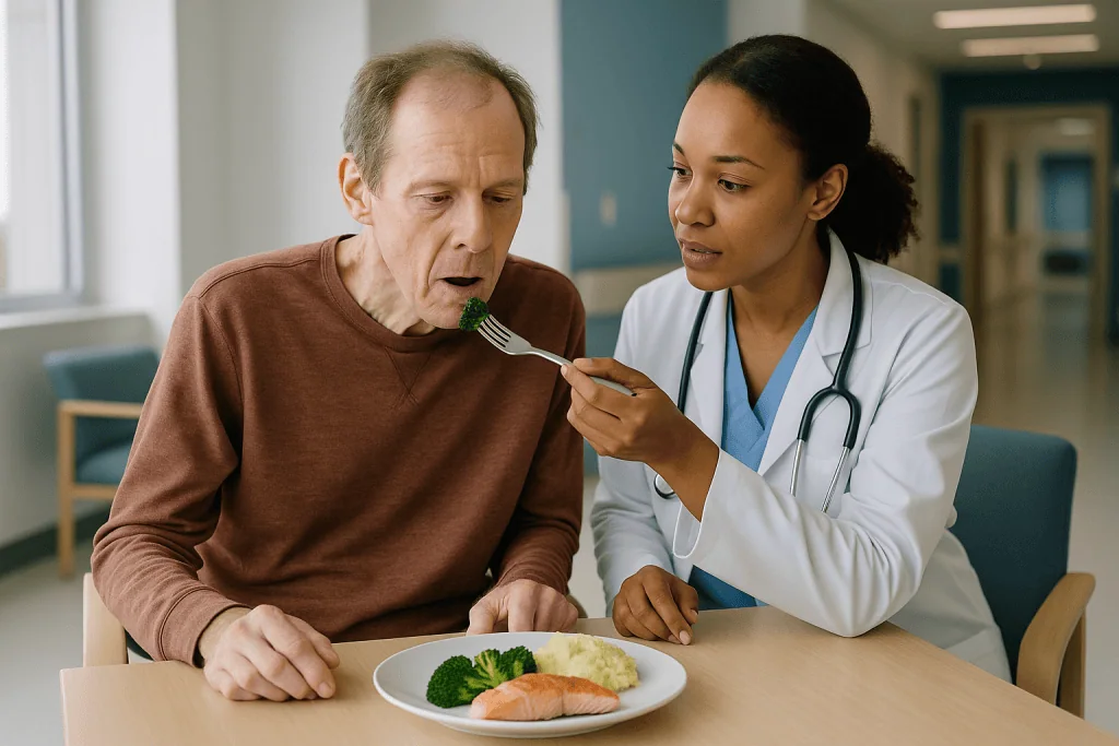 Healthcare provider assisting older patient with eating meal: Huntington's disease diet: which foods and textures help most