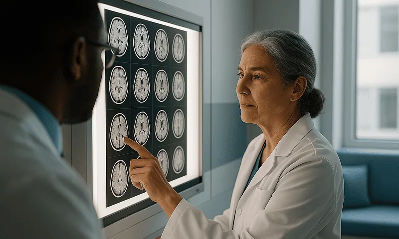 Doctor explaining brain scan images to a patient in a medical office.