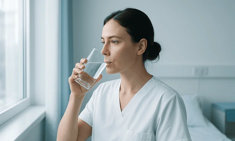 Female nurse drinking water in hospital room for hydration.