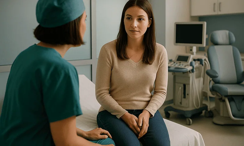 Doctor consulting with a young woman in a medical examination room.