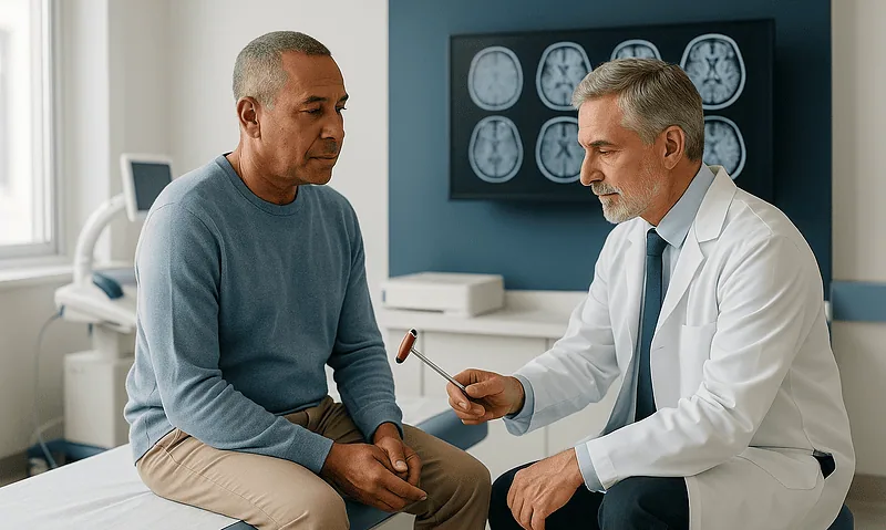 Doctor explaining brain scan results to a patient in a hospital setting.