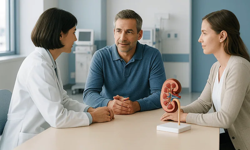 Doctor explaining kidney health to a patient with a kidney model in a hospital setting.