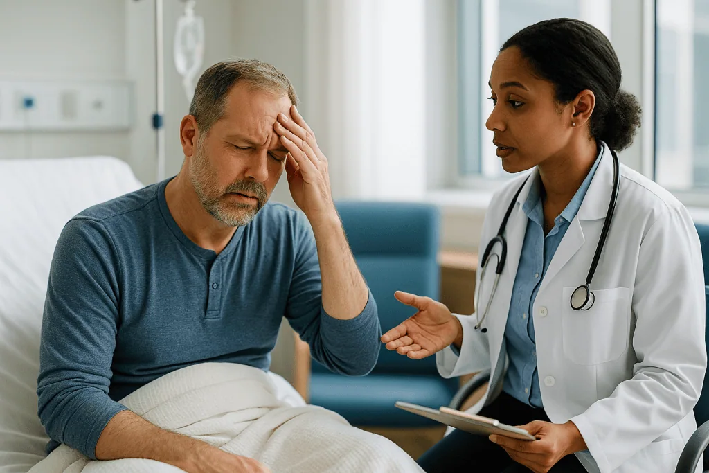 Doctor consulting with male patient in clinic: Hydronephrosis fever after stent: why it happens