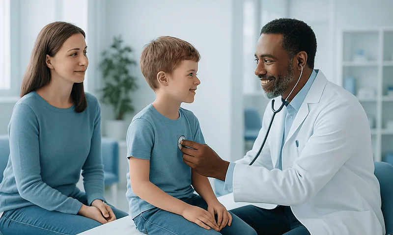 Pediatric consultation at Acibadem Hospital with doctor and young patient.