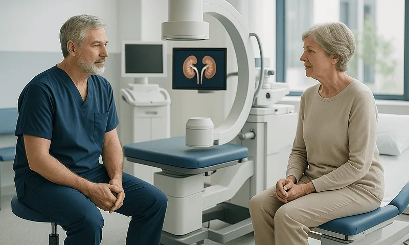 Urologist consulting with elderly woman in medical examination room with kidney scan.
