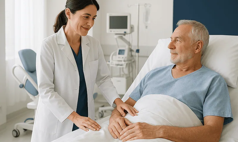 Doctor consulting with senior male patient in hospital room.