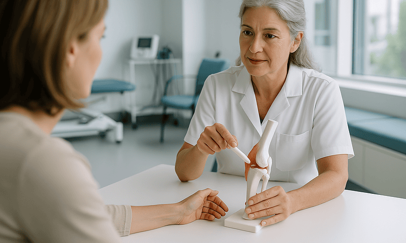 Doctor explaining joint anatomy to patient in a medical consultation.