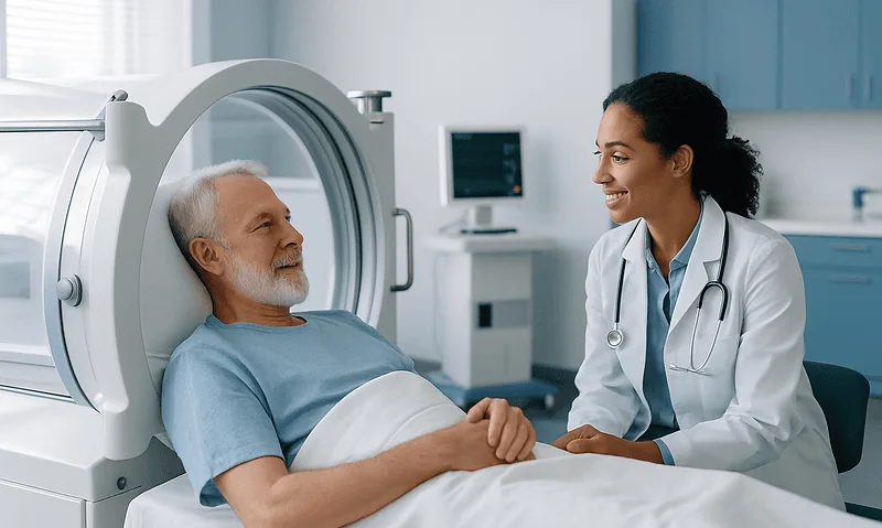 Doctor consulting with senior patient in hospital room.