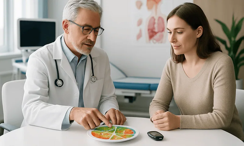 Doctor explaining calcium levels to a patient in a medical consultation room.