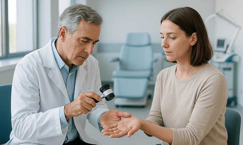 Doctor examining patient's hand for hyperhidrosis treatment at Acibadem Hospital.