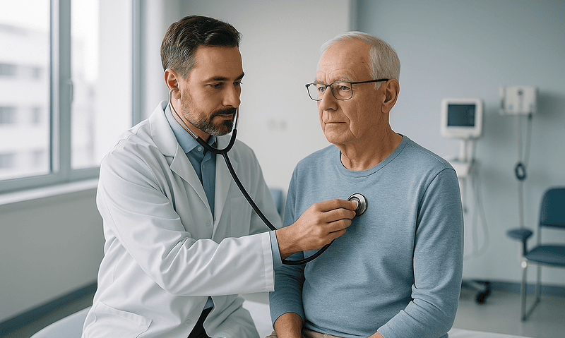 Doctor examining an elderly male patient in a hospital room.