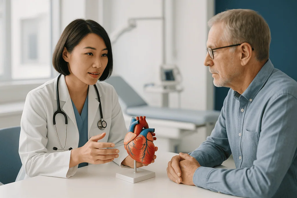 Hyperlipidemia / Dyslipidemia 1 Cardiologist explaining heart health to patient with heart model in clinic.