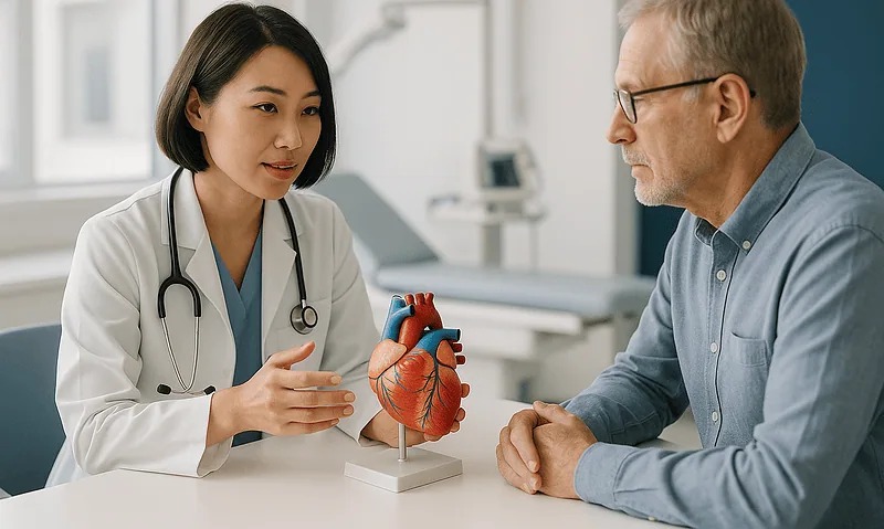 Cardiologist explaining heart health to patient with heart model in clinic.