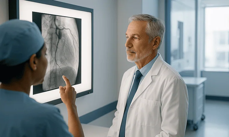 Doctor and nurse reviewing a heart X-ray in a hospital setting.