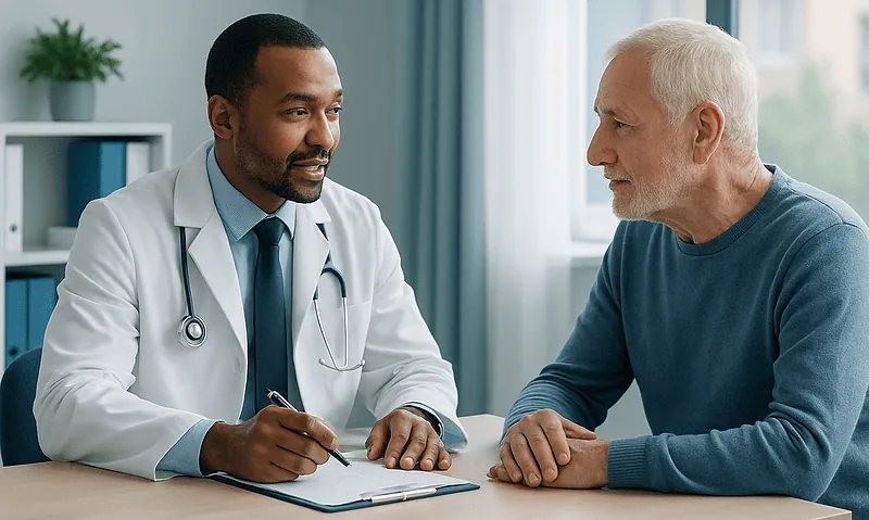 Doctor consulting with an elderly patient about hyperlipidemia treatment options.