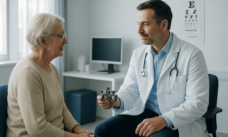 Optometrist explaining eye health to elderly woman in clinic.