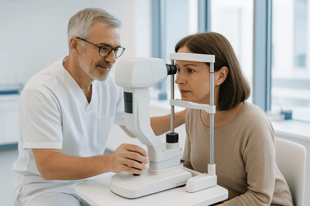 Hyperopia 1 Optometrist examining a woman's eyes with a slit lamp in a clinic setting.