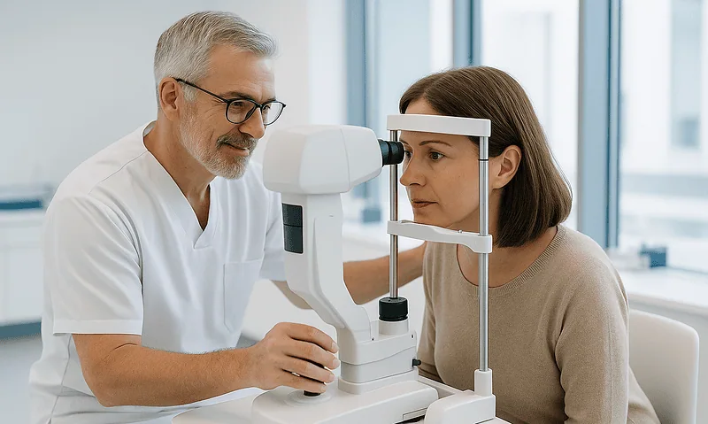 Optometrist examining a woman's eyes with a slit lamp in a clinic setting.