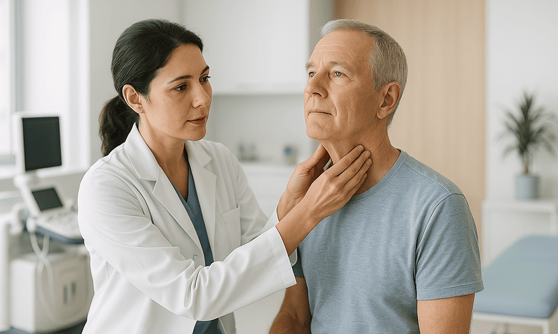 Doctor examining a male patient in a hospital room.