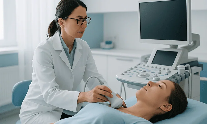 Doctor performing an ultrasound on a patient in a medical clinic.