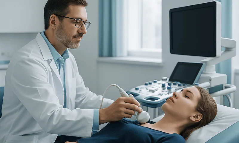 Doctor performing ultrasound scan on patient in hospital.
