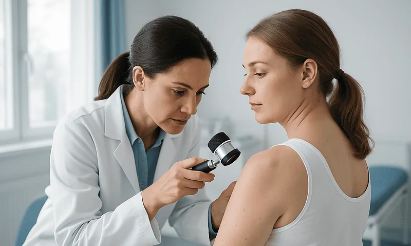 Dermatologist examining a patient's skin with a dermatoscope in a clinical setting.