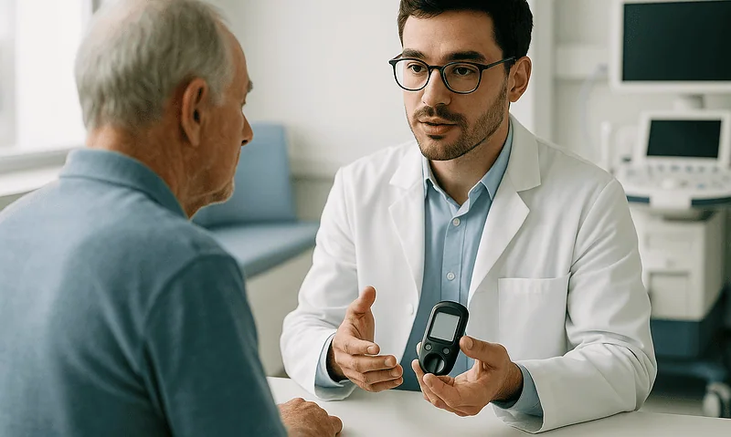 Doctor explaining blood test results to an elderly patient in a clinic.