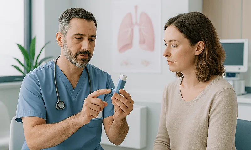 Doctor explaining inhaler use to a patient in a medical office.