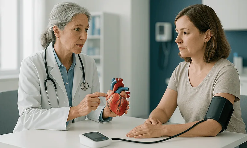 Doctor explaining heart health to a patient with blood pressure cuff.