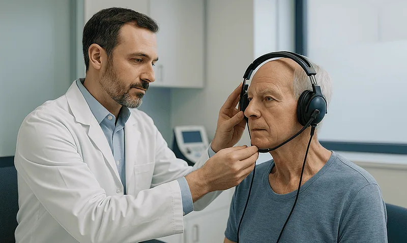 Doctor examining a patient with a stethoscope in a clinical setting.