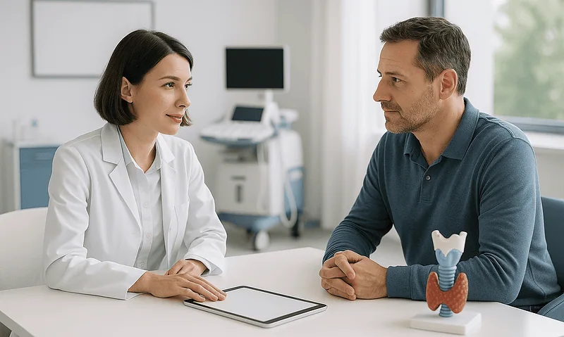 Doctor consulting with patient about thyroid health in a medical office.