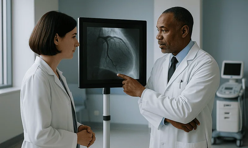 Doctors discussing a heart X-ray in a hospital setting.