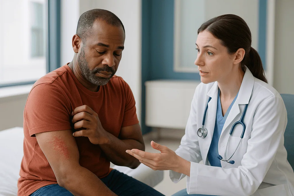 Doctor examining patient's arm during consultation — Hypertrophic scar after burn: why it turns raised, red and itchy