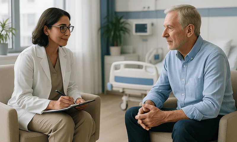 Doctor consulting with a male patient in a hospital room.