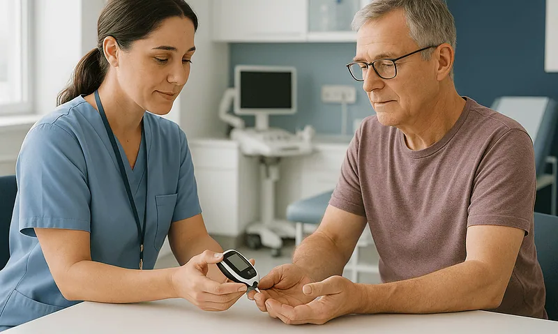 Doctor checking blood sugar levels of an older male patient in a clinic setting.