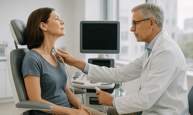 Doctor examining a woman patient in a hospital room with medical equipment.