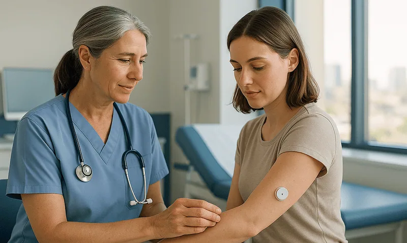 Doctor examining a patient's arm with a medical device in a hospital setting.