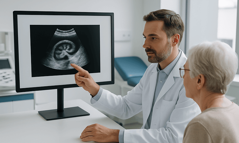 Doctor explaining ultrasound scan to elderly patient in clinic.