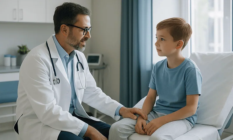 Pediatric doctor consulting with young patient in hospital room.