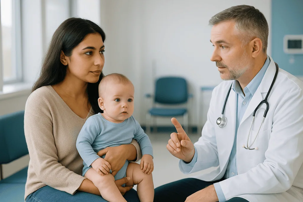 Doctor consulting mother holding infant in clinic: Hypospadias surgery age: what is the usual window?