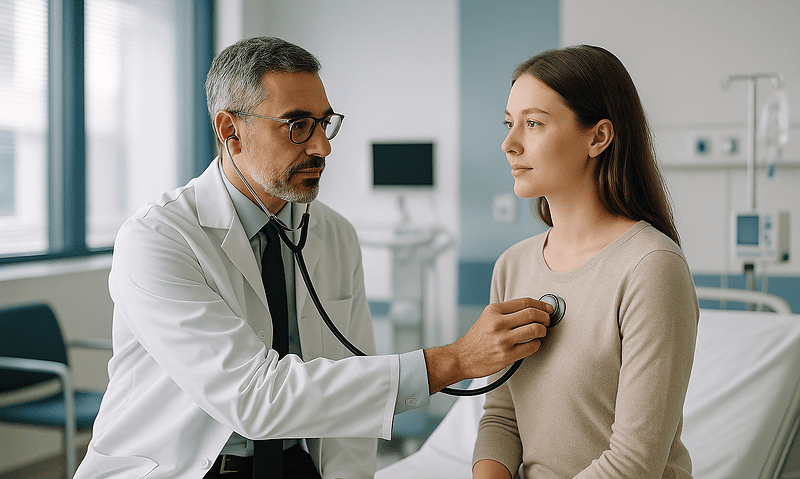 Doctor examining a young woman with a stethoscope in a hospital room.