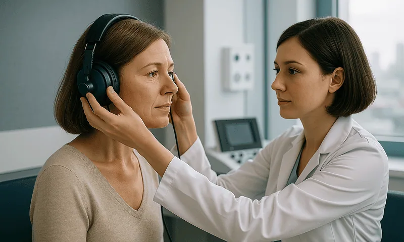 Doctor examining patient with headphones in a clinical setting.