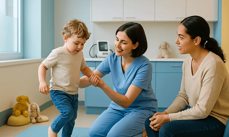 Pediatric healthcare professional assisting a young boy in a medical setting.