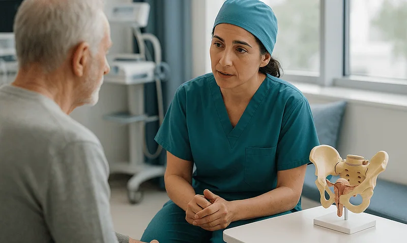 Medical consultation about hysterectomy with a healthcare professional and patient.